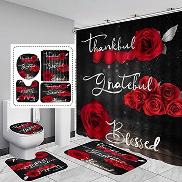Hadint 4Pcs Red Rose Shower Curtain Sets Thankful Grateful Blessed Bathroom Curtain with NonSlip Rug Toilet Lid Cover Bath Mat and 12 Hooks Romantic Showy Floral Wedding Decor for Bath 72 x 72 inch