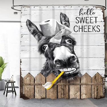 Famiffty Funny Donkey Farmhouse Shower Curtain 60Wx72L Inch Rustic Western Retro Shower Curtains Black White Farm Fun Animal Modern Hello Sweet Cheeks Cute Waterproof Polyester Fabric 12 Plastic Hooks