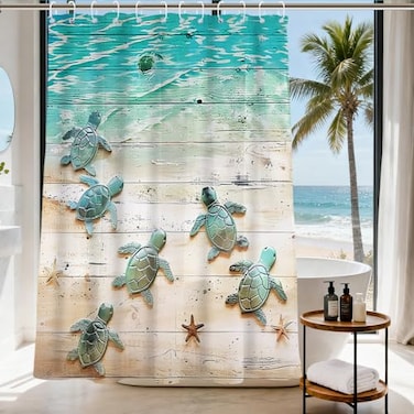 Final Friday Green Beach Sea Turtle Shower Curtain Nautical Teal Theme Fabric Bathroom Blue Ocean Decor with Grommets and Hooks 72 x 72 Inch Blue