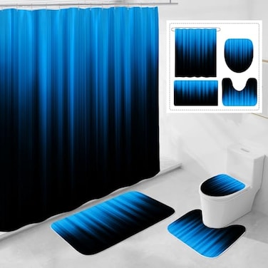 Litabel 4 Pcs Blue and Black Gradient Shower Curtain Set with Rugs and Toilet Lid Cover Modern Simple Waterproof Fabric Bathroom Set Ombre Stripe Gothic Abstract Bathroom Decor Set Accessories