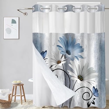 Muuyi Hookless Shower Curtain with Snap in Liner Blue No Hook Shower Curtains for BathroomShower Curtain and Liner Set for Bathroom DecorWaterproof Washable72W x 75L Inch