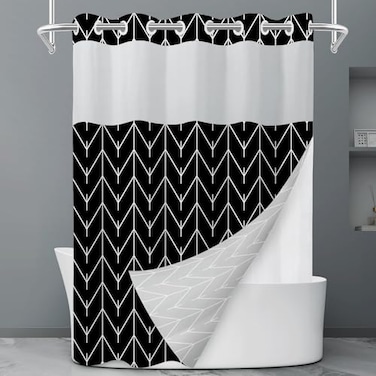 LXBNI No Hook Geometric Striped Shower Curtain with Snap in Liner Set Hotel Shower Curtain and Liner Set with See Through Mesh Top WindowMachine Washable 71x74 INCH Black White Herringbone