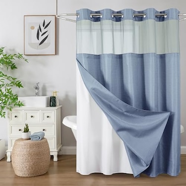 Colorful Star No Hook Shower Curtain with Snap in Fabric Liner Waffle Weave Heavy Duty Thick Shower Curtains with Mesh Top Window Hotel Style Waterproof Bathroom Curtain Set 72 x 75 Inch Moonlight Blu