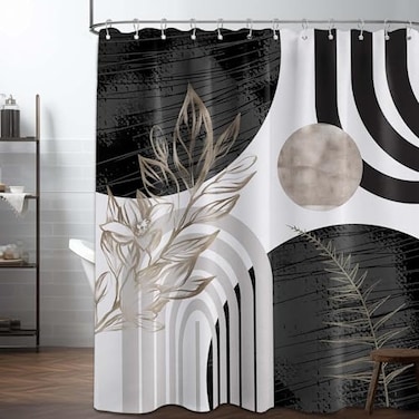 QGHOT Mid Century Modern Black and White Shower Curtain Cool Charcoal Grey Silver Shower Curtains for Mens Bathroom Decor Sets Abstract Boho Pattern Waterproof Cloth Fabric with Hooks 70x72 in