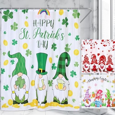 Remerry 3 Pcs Easter Shower Curtain for Bathroom Decor with Hooks St Patricks Day Valentines Day Holiday Shower Curtains Set71 x 71 InchWaterproof Fabric Bathtub Bathroom DecorGnome Style