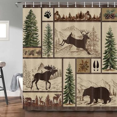Torich Rustic Cabin Shower Curtain for Bathroom Forest Bear Deer Wildlife Country Bath Curtains Hunting Camping Waterproof Fabric Bathroom Accessories Set69x72 inch with Hooks