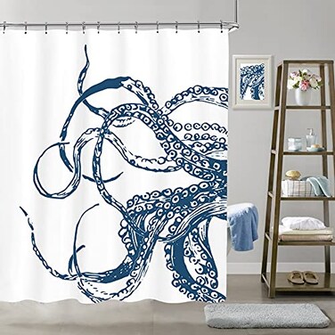 LIGHTINHOME Octopus Shower Curtain 72Wx72H Inch Navy Blue Ocean Kraken Giant Tentacles Sea Creatures Mythical Nautical Animal Fabric Waterproof Bathroom Home Decor Set 12 Plastic Hooks