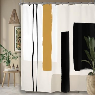 Yookeb Abstract Geometric Neutral Bathroom Shower Curtain Black Beige Painting Minimalist Modern Tan Contemporary Striped 60W by 71H Inch Polyester Fabric 12 Plastic Hooks Waterproof Decor