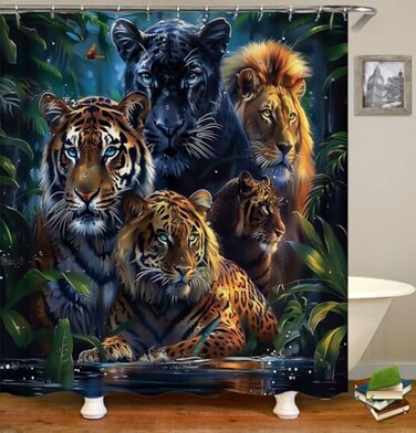 TJZ HOME Tiger Animal Shower Curtain Green Black Lion Leopard Panther Bathroom Decor