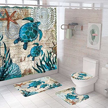 DDS-DUDES DDSDUDES Sea Turtle Shower Curtain Set for Bathroom Ocean Bathroom Sets with Shower Curtain and Rugs Polyester Fabric Waterproof Curtains with Hooks 71 x 71 Ocean 1