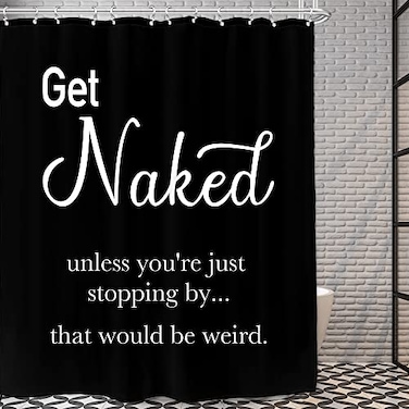 AMBZEK Black Get Naked Shower Curtain for Men 72Wx72L Inch White Black Bathroom Accessories Inspirational Funny Quotes Shower Curtain Set Cool Artwork Cloth Fabric Bathroom Decor 12 Plastic Hooks