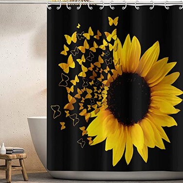 GCIREC Sunflower Shower Curtain Black and Yellow Sunflower Butterfly Bathroom Curtains Rustic Shower Curtains for Bathtub Decor Machine Washable Waterproof Fabric with 12 Plastic Hooks