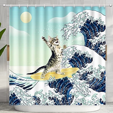 CutebriCase Funny Cat Shower Curtain Surfer Cat Shower Curtain Battle Blue Ocean Great Wave for Bathroom with 12 Hooks Polyester Fabric Summer Shower Curtains Set Waterproof Kids Bath ShowerCurtain De