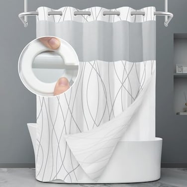 LXBNI No Hook Grey White Striped Shower Curtain with Snap in Fabric Liner Set Hotel Liner Set with See Through Mesh Top WindowMachine Washable 71x74 INCH