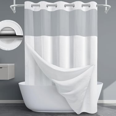 EUTXL Extra Thick 256GSM Waffle Weave Shower Curtain with Snapin Liner Heavy Duty Hotel Style Bath Curtain Set Weighted Fabric 71 x 74 White