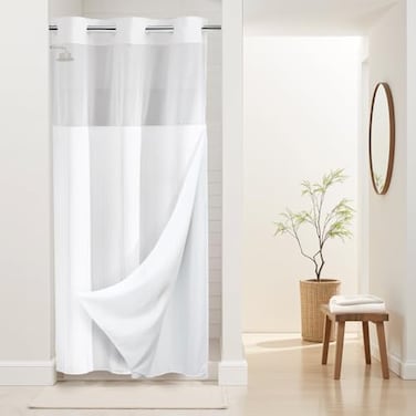 River Dream Stall Heavyweight No Hooks Required Dotted Waffle Weave Shower Curtain with Snap in Liner 36W x 74HHotel GradeSpa Like Bath CurtainWhite