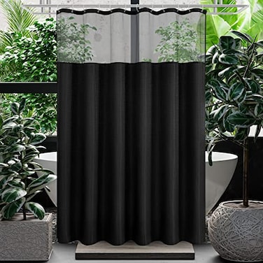Gibelle Long Shower Curtain 72 x 78 Waffle Weave Fabric Shower Curtain with Mesh Top Window and Hooks Set Hotel Style Bathroom Design Black