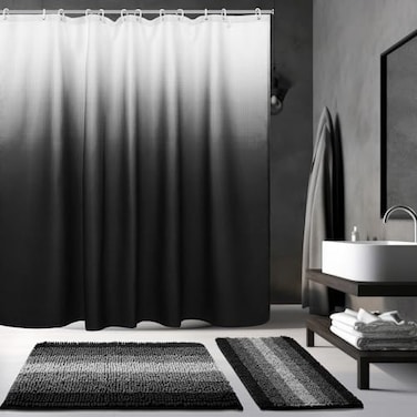 Fanfanwin 3 Pcs Black Shower Curtain and Rug Sets with 12 HooksWaterproof Ombre Bathroom Shower Curtains Set for Hotel Bathroom Decor