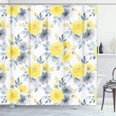 Emvency Shower Curtain Black Floral Watercolor Bright Summer Pattern Yellow and Blue Abstract Flowers Gray Simple Botanical Waterproof Polyester Fabric 72 x 72 inches Set with Hooks