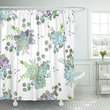 TOMPOP Shower Curtain Flower Green Colorful Succulent Echeveria Natural Cactus in Modern Waterproof Polyester Fabric 72 x 72 Inches Set with Hooks