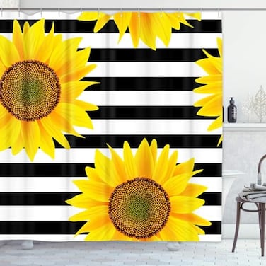 Emvency Shower Curtain Bright Sunflowers Striped Black and White Pattern Yellow Sun Flowers Print Home Decor Waterproof Polyester Fabric 72 x 72 inches Set with Hooks