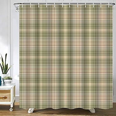 Abaysto Gingham Plaid Beige Grey Sage Abstract Autumn Celtic Checked Checkered Bathroom Decor Shower Curtain Sets with Hooks Polyester Fabric Great Gift
