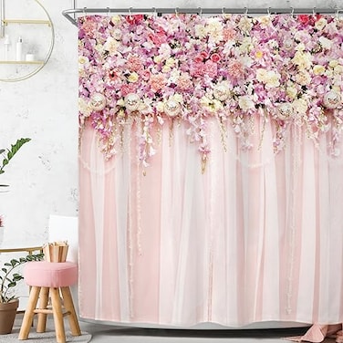 Riyidecor Pink Bridal Floral Shower Curtain for Bathroom 72Wx72H Inch Flower Rose Pattern Bath Set for Woman Girl Spring Nature Bathtub Accessories Fabric Panel Waterproof Plastic 12 Pack Hooks