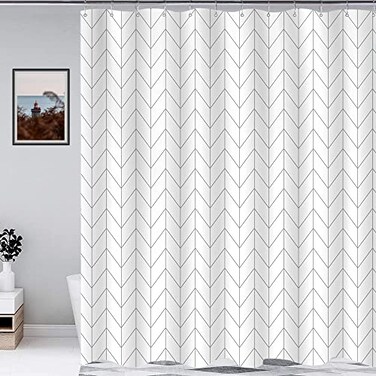 Riyidecor Boho Chevron Herringbone Shower Curtain Black White 60x72 Inch Geometric Striped Simple Modern Classy Neutral Contemporary 12 Pack Hooks Decor Fabric Bathroom Set Polyester Waterproof