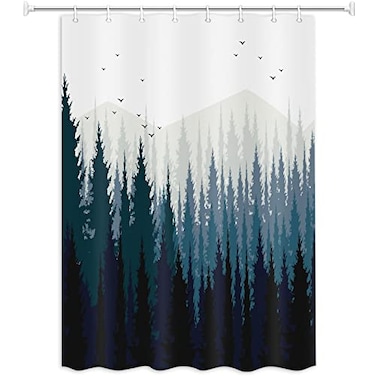 JAWO Mountain Forest Scene Fabric Shower Curtain 48x72 Inch Pine Tree Mountains Black Bird Rustic Scenery Shower Curtains for Bathroom Cloth Shower Stall Curtain with Hooks