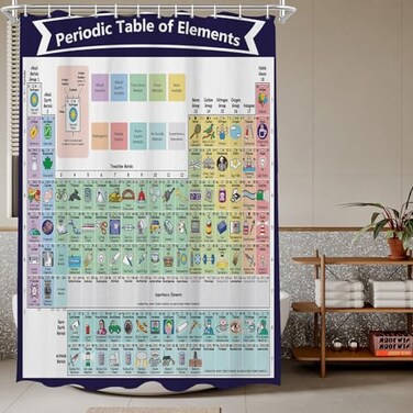 TheBlackSpot Periodic Table Shower Curtain Funny Chemical Symbol Bath Curtains Decor Sets Grommet with Hooks 72W72L inches