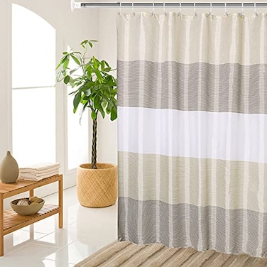 MORNITE Stall Shower Curtain Tan for Bathroom Gold Brown White Neutral Stripes Cloth Fabric Set with 6 Hooks 36 W72 H Inch