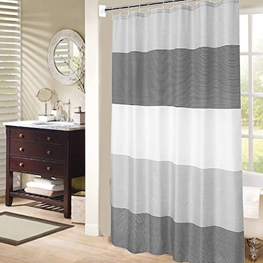 MORNITE Mens Stall Shower Curtain for Bath Neutral Black and Grey Striped Pattern Polyester Fabric Cloth 6 Hooks 36 W72 H Inch