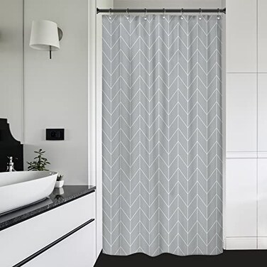 Riyidecor Stall Small Grey Gray White Shower Curtain 39x72 Inch Dorm Rv Single Chevron Herringbone Contemporary Geometric Striped Simple Modern Classy Neutral Fabric Bathroom Polyester Waterproof