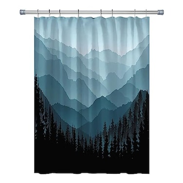 Careyoungs RV Shower Curtains Forest Mountain Happy Camper Cloth Fabric RV Bathroom Decor Curtain Sets with Hooks 47WX64H Inches Grey
