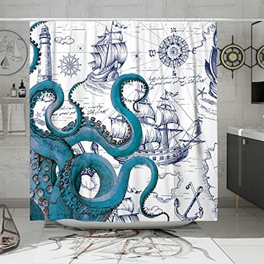 DESIHOM Blue Nautical Octopus Shower Curtain Set Funny Ocean Kraken Shower Curtains for Bathroom Beach Coastal Pirate Map Decor Polyester Fabric62 x 72
