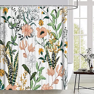 BBLYANU Green Floral Shower Curtain 72 x 72 Flower Tropical Leaves Shower Curtains Polyester Fabric Printed Shower Curtain Set for Bathroom with Hooks