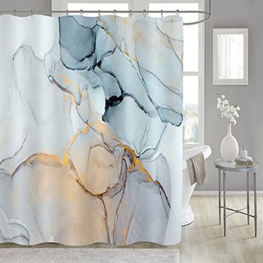 Gibelle Abstract Marble Shower Curtain Blue Grey Fabric Shower Curtain for Bathroom Modern Ink Art Decor Waterproof Shower Curtain Set 71x71