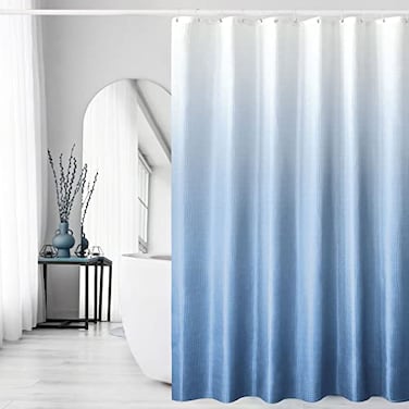 Gibelle Blue Shower Curtain for Bathroom Waffle Weave Textured Ombre Fabric Shower Curtain Set with Hooks Water Repellent Machine Washable 72 x 72