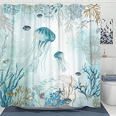 Neasow Nautical Shower Curtain Teal Jellyfish Beach Shell Sea Life Shower Curtains with 12 Hooks Coral Bathroom Curtain 7272