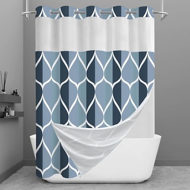 Yiatn No Hook Aegean Blue Shower Curtain with Snap in Liner Set Hotel Style with See Through Mesh Top Window Modern Geometric Waterdrop DesignWaterRepellent Washable 71x74 INCH