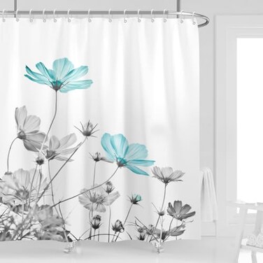 Kikiry Teal Gray Floral Shower Curtain 72W x 72L Daisy Elegant Flower Grey Cute Wildflower Botanical Bathroom Curtains Accessories Polyester Fabric 12 Pack Hooks