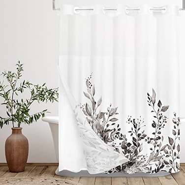 Tititex No Hooks Snap in Liner Black Eucalyptus Leaves Shower Curtain Sets Hotel Luxury Double Layers Waterproof Fabric SeeThrough Top Window Bathroom Decorative 72x72 Inch