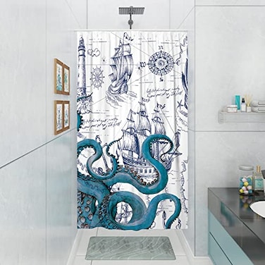 DESIHOM Blue Nautical Octopus Small Shower Stall Curtain Set Funny Ocean Kraken Shower Curtains for Bathroom Beach Coastal Pirate Map Decor Polyester Fabric36 x 72