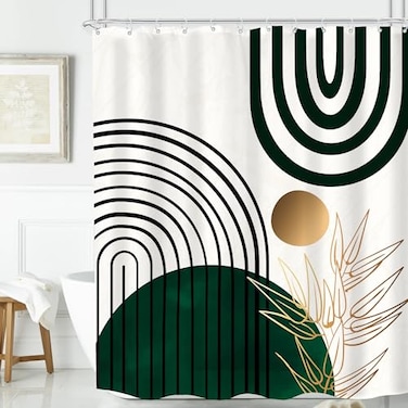 KOMLLEX Abstract Boho Shower Curtain for Bathroom Decor 60Wx72H Green Shower Curtain Leaves Tropical Mid Century Simple Minimalist Fancy Chic Modern Neutral Fabric Waterproof Polyester 12 Pack Hooks