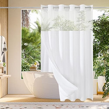 Gibelle No Hook Waffle Weave Shower Curtain with Snapin Fabric Liner Set for Bathroom Hotel Style with Mesh Top Window Waterproof Washable White 72x74