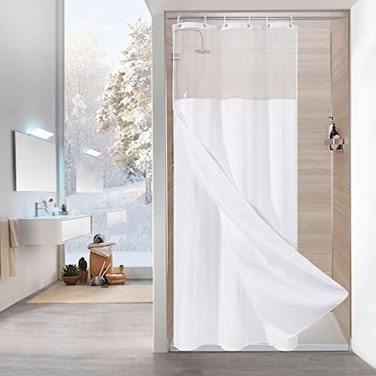 MitoVilla White Small Stall Shower Curtain 36 x 72 Narrow Half Size Waffle Weave Fabric Shower Curtain Set with WaterRepellent Snapin Liner for Modern Neutral Hotel Bathroom Decor