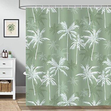 Bonhause Palm Tree Shower Curtain Sage Green Coconut Tree Plants Summer Bathroom Decor 72x72 Inch Polyester Fabric Waterproof Bath Curtain with 12 Hooks