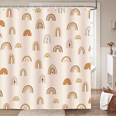 Bonhause Boho Rainbow Shower Curtain 72 x 72 Inch Mid Century Abstract Minimalist Kids Decorative Bath Curtain Polyester Fabric Waterproof Bathroom Curtain with 12 Hooks