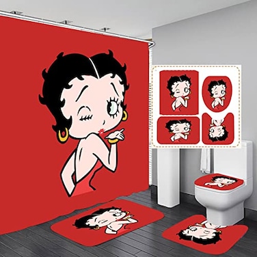 Frameless Betty Red Bathroom 4 Pieces Set Shower Curtain Toilet Lid Cover and Bath Mat NonSlip Rugs Durable and Waterproof for Bathroom Decor Set 72 x 72