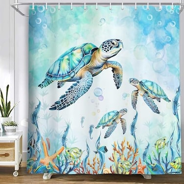 MERCHR Sea Turtle Shower Curtain Coastal Beach Decoration Nautical Shower Curtains for Bathroom Blue Ocean Teal Fabric Bath Curtains Set with 12 Hooks 71x71 Inches